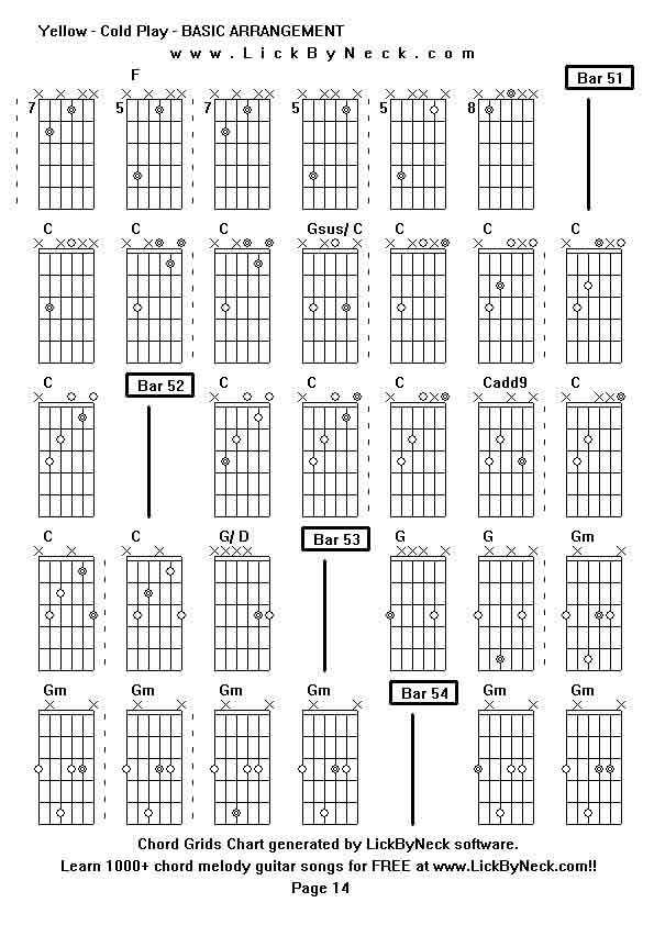 Chord Grids Chart of chord melody fingerstyle guitar song-Yellow - Cold Play - BASIC ARRANGEMENT,generated by LickByNeck software.